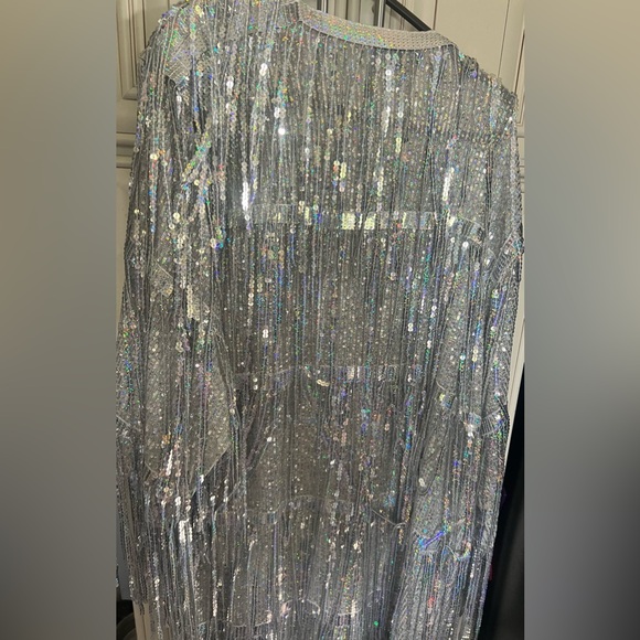 Dolls Kill Club Exx Glam All Night Sequin Fringe Duster Holo Bling Sz XS - Picture 6 of 10